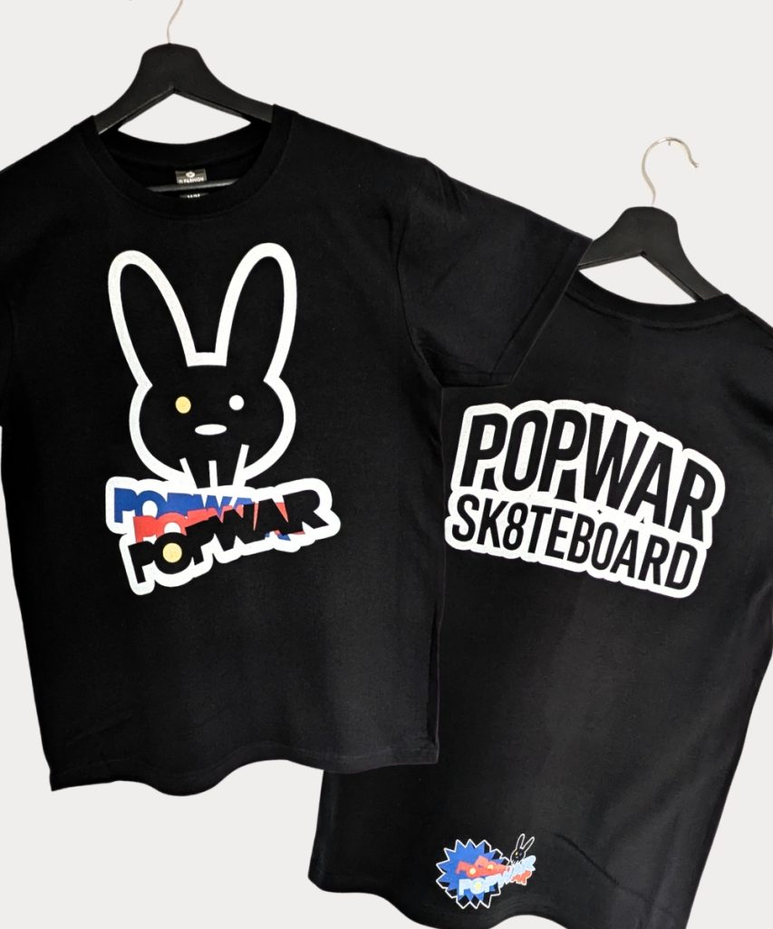 Black cotton t-shirts with Popwar skateboard design printed by PrinteeClub – custom t-shirt printing in Montreal