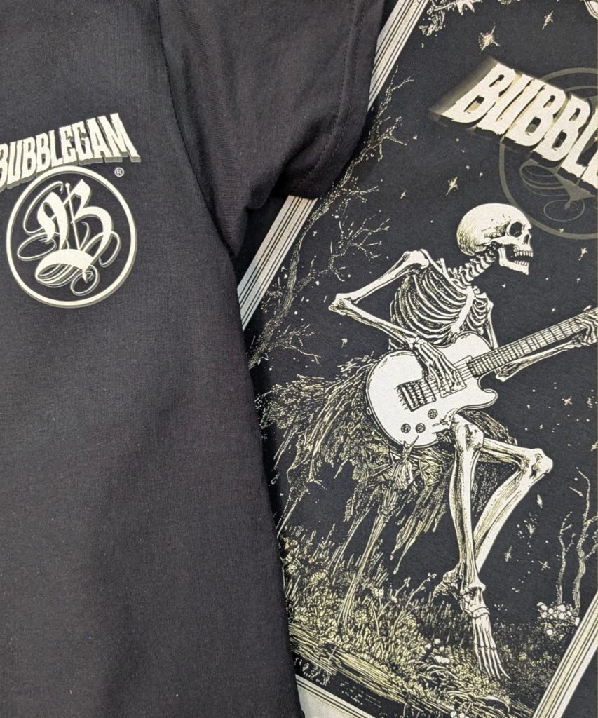 Black Bubblegam t-shirts with skeleton guitar design printed by PrinteeClub – custom t-shirt printing in Montreal